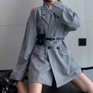Plaid Cold-shoulder Blazer With Belt Bag Blue - One Size