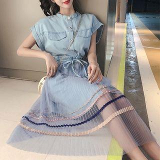 Set: Buttoned Short-sleeve Denim Dress + Mesh Striped Striped Midi Skirt