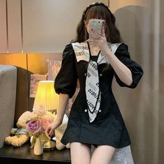 Elbow-sleeve Lettering Panel Mini A-line Dress