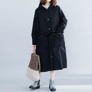 Hooded Pocket Detail Midi Button Jacket Black - One Size