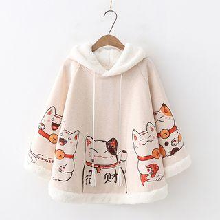 Fortune Cat Print Fleece-lined Hoodie
