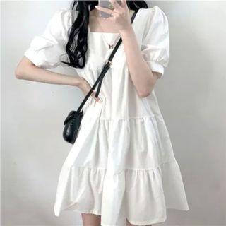 Puff-sleeve Square Neck Mini Smock Dress