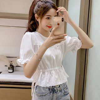 Ruffled Elbow-sleeve Eyelet Trim Blouse