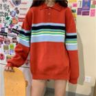 Color Block Striped Polo Neck Knit Top As Shown In Figure - One Size