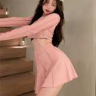 Set: Long-sleeve Paneled T-shirt + Mini A-line Skirt