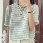 Short-sleeve Striped Knit Top Light Blue - One Size