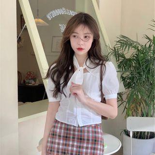 Short-sleeve Blouse / Plaid Mini Skirt