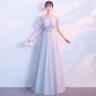 Flower Embroidered Short Sleeve Maxi Bridesmaid Dress