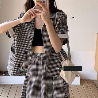 Plaid Short-sleeve Shirt / Midi Skirt