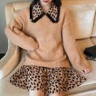 Set: V-neck Sweater + Leopard Print Mini Shirt Dress As Shown In Figure - One Size