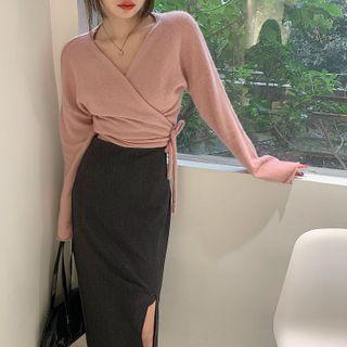 Tie-strap Knit Crop Top / Slit Midi Pencil Skirt