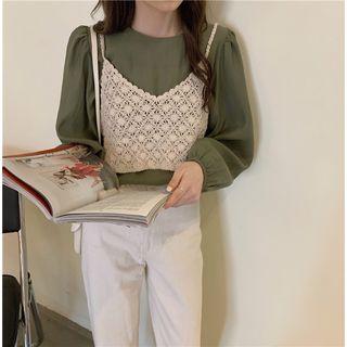 Long-sleeve Top / Spaghetti Strap Perforated Cropped Top