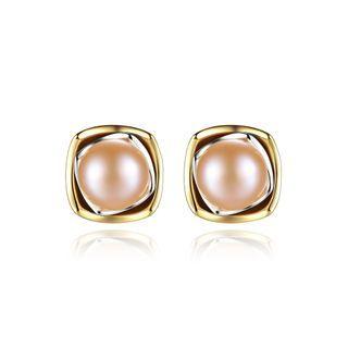 Sterling Silver Simple Fashion Geometric Pink Freshwater Pearl Stud Earrings Golden - One Size
