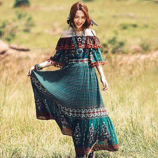 Off-shoulder Elbow-sleeve Fringed Floral Chiffon Maxi Dress