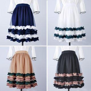 Frill Trim Striped Tulle Skirt