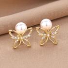 Faux Pearl Butterfly Stud Earring 1 Pair - Qr150 - Gold - One Size
