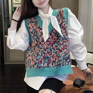 V-neck Print Sweater Vest / Ribbon Tie-neck Blouse