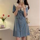 Short-sleeve Dotted Collar A-line Denim Dress