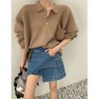 Polo Sweater / Asymmetrical Denim Mini A-line Skirt