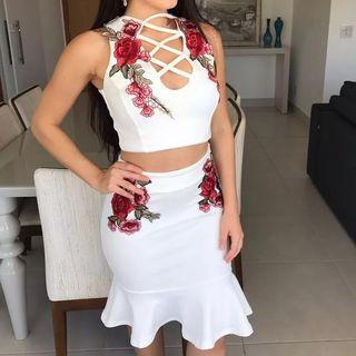 Set : Embroidered Halter Top + Mermaid Skirt