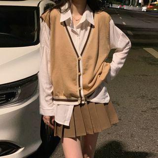 Plain Shirt / Contrast Trim Sweater Vest / Pleated Mini A-line Skirt