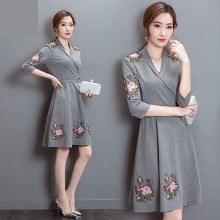 Flower Embroidered 3/4 Sleeve A-line Dress