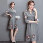 Flower Embroidered 3/4 Sleeve A-line Dress
