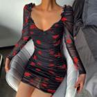 Long-sleeve Floral Mini Mesh Dress