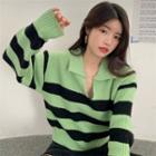 V-neck Striped Sweater Green - One Size