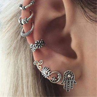 Set Of 8: Metal Earring Set Of 8 - Silver - One Size