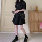 Short-sleeve A-line Shirt Dress Black - One Size