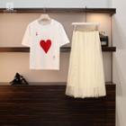 Set: Short-sleeve Heart Print T-shirt + A-line Midi Mesh Skirt