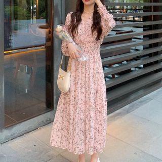 Long-sleeve Floral Midi A-line Dress Pink Floral - Light Pink - One Size