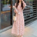 Long-sleeve Floral Midi A-line Dress Pink Floral - Light Pink - One Size