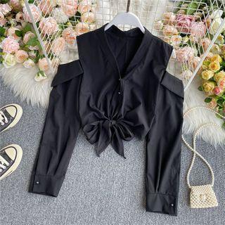 Tie-waist Cold-shoulder Cropped Blouse