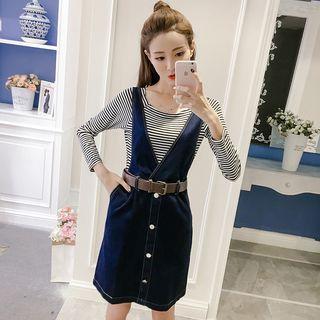 Set: Striped T-shirt + Denim Pinafore Dress With Belt