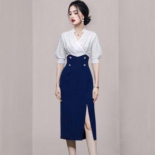 Puff-sleeve Paneled Double-breasted Bodycon Dress