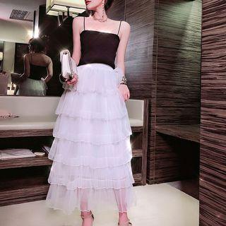 Set: Spaghetti Strap Top + Tiered Maxi Skirt Top - Black - One Size / Skirt - White - One Size