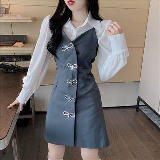 Spaghetti Strap Rhinestone Bow-accent Mini A-line Dress / Shirt