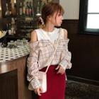 Mock Two-piece Long-sleeve Cold Shoulder Plaid Shirt As Shown In Figure - One Size