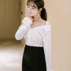Set: Pinstripe Open Shoulder Long-sleeve Blouse + Midi Skirt