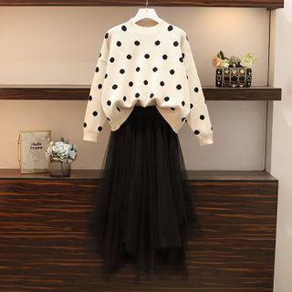 Dotted Sweater / A-line Mesh Skirt / Set
