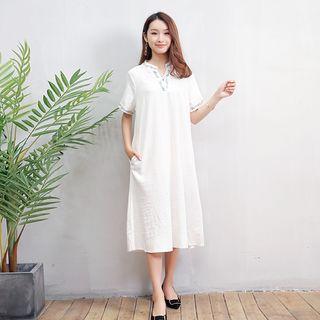 Embroidered Split Neck Short Sleeve Midi Dress