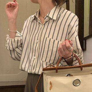 Long-sleeve Polo-collar Striped Shirt