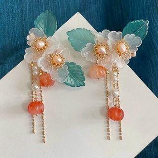 Retro Flower Fringed Hair Clip 1 Pair - Green & Tangerine - One Size