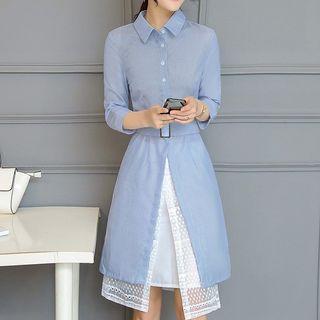 Set: Striped 3/4 Sleeve Shirt + Lace A-line Skirt