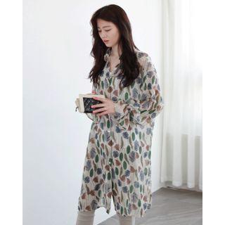 Ruffle-cuff Foliage Chiffon Shirtdress