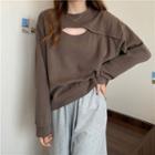 Plain Crew-neck Cutout Loose-fit Top