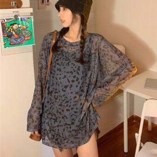 Long-sleeve Leopard Sheer Mesh T-shirt