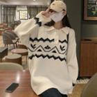 Polo-neck Geometric Print Sweater Milky White - One Size